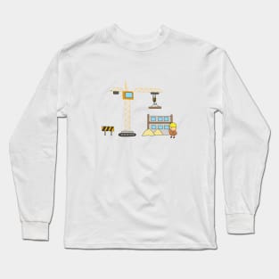 Kids drawing of building construction scene with worker and tower crane Long Sleeve T-Shirt